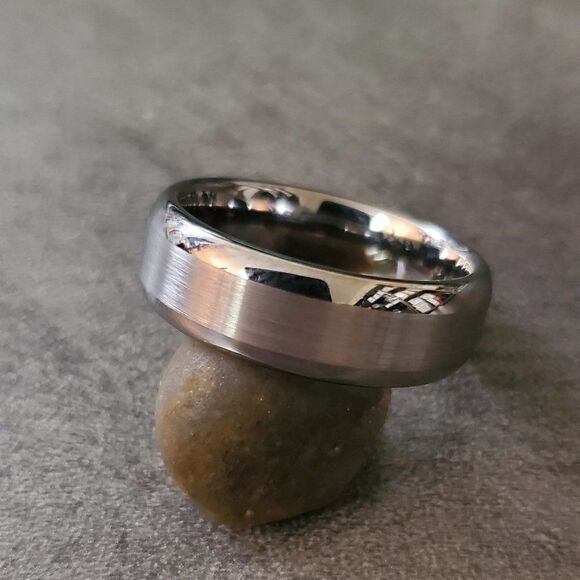 Engraved Men's Real Two Tone Silver Tungsten Wedding Ring Polished Matte Silver - Picture 5 of 8